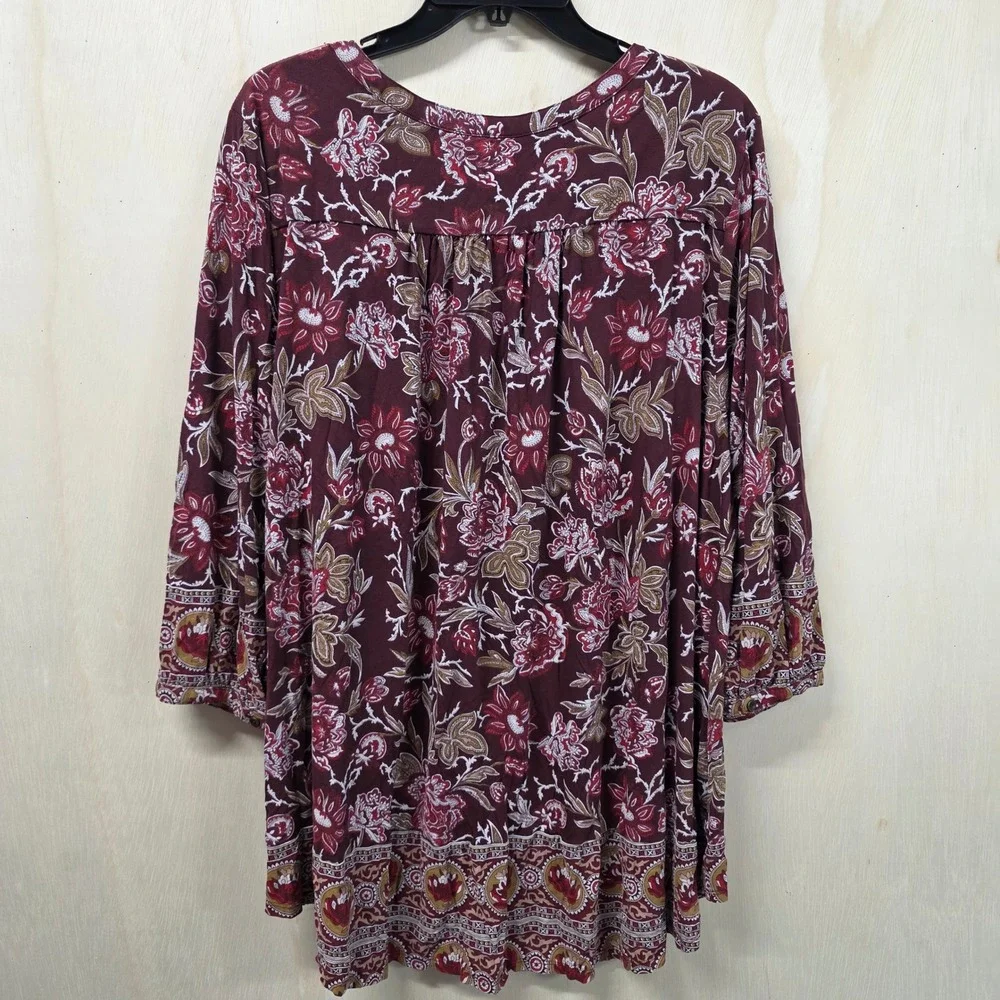 Lucky Brand Womens 3X Burgundy Floral Paisley 3/4 Sleeve Boho Tunic Blouse